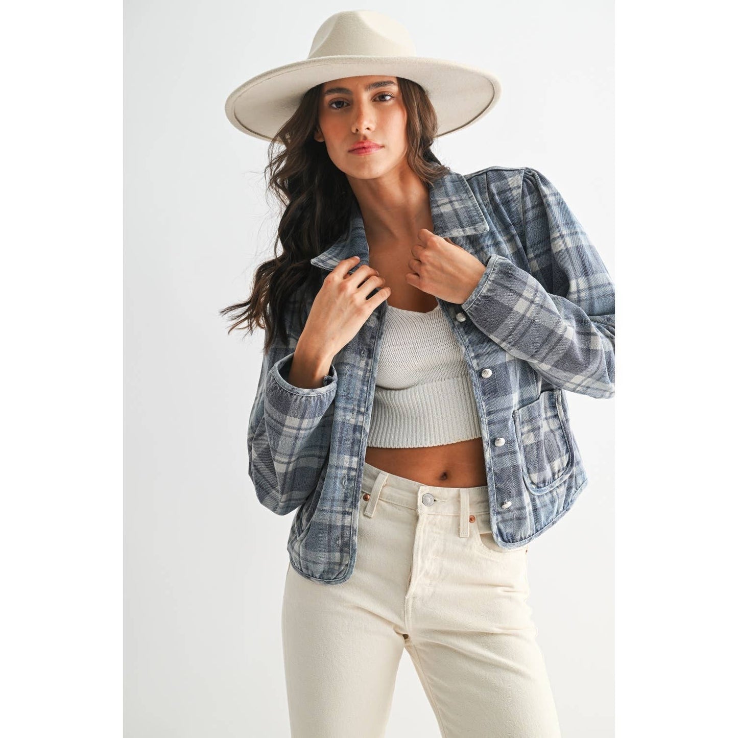 Camellia - PLAID DENIM JACKET: MEDIUM DENIM WASH PLAID / S-M-L(3-2-1)