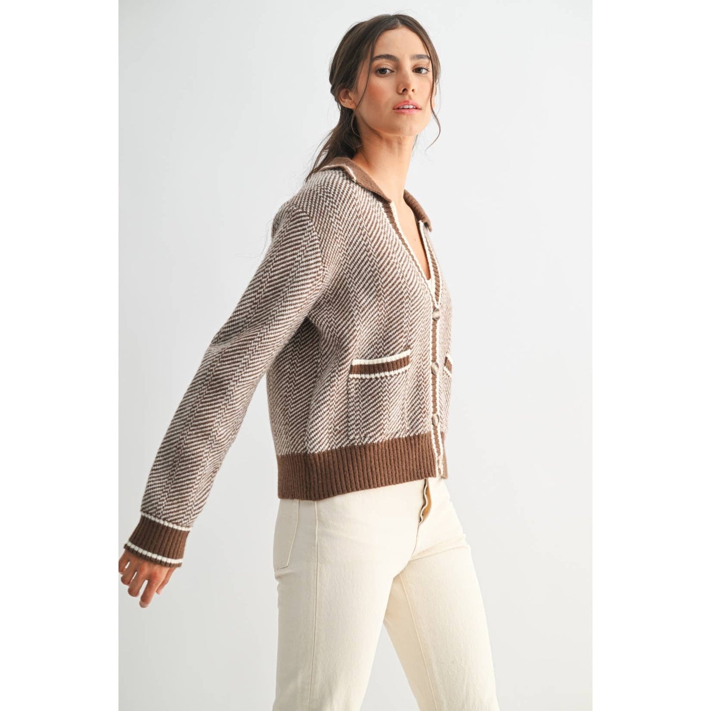 Camellia - HERRINGBONE KNIT CARDIGAN: BROWN / S-M-L(3-2-1)