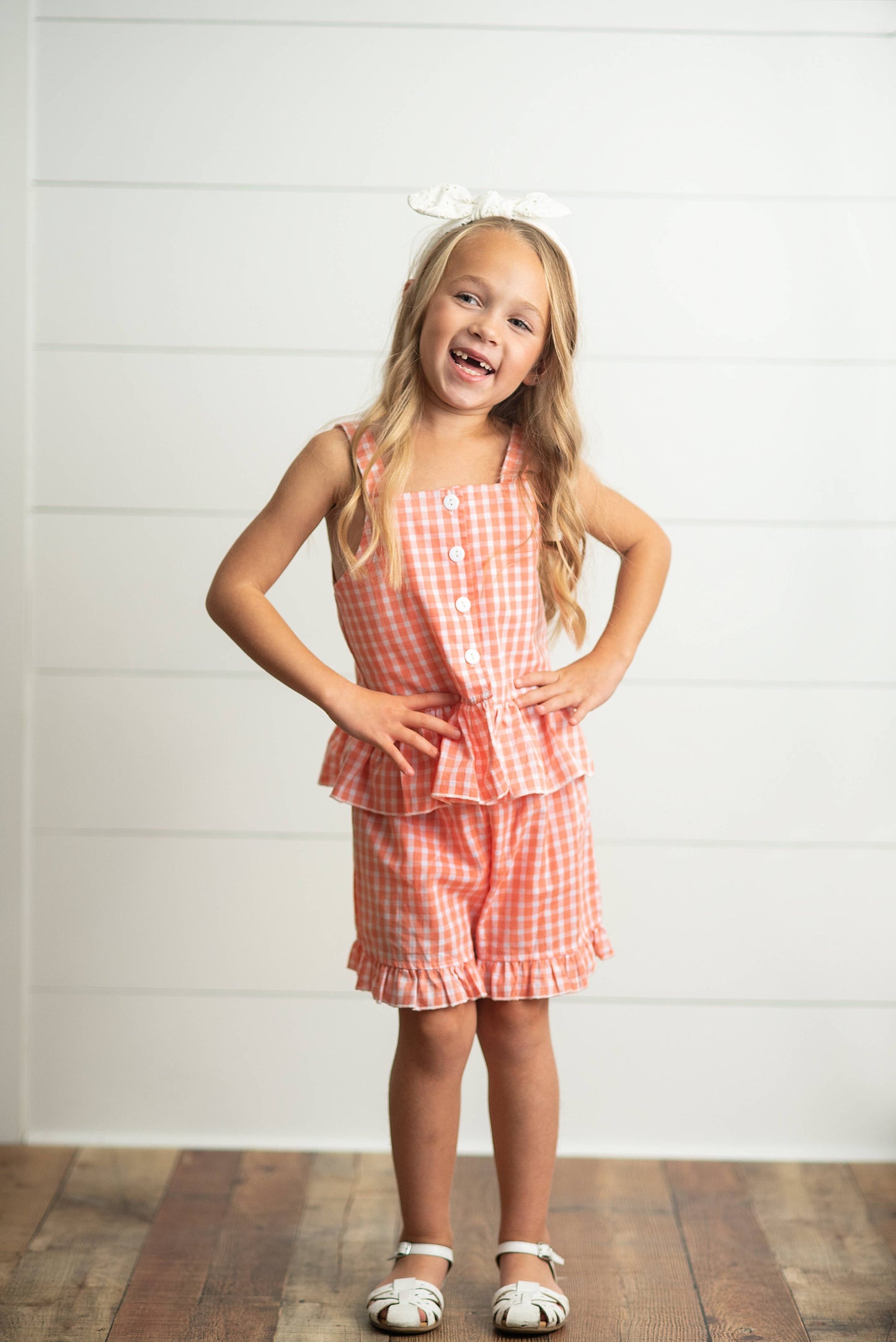 Wren & James - Kids Rust Check Gingham Ruffle Button Short Set