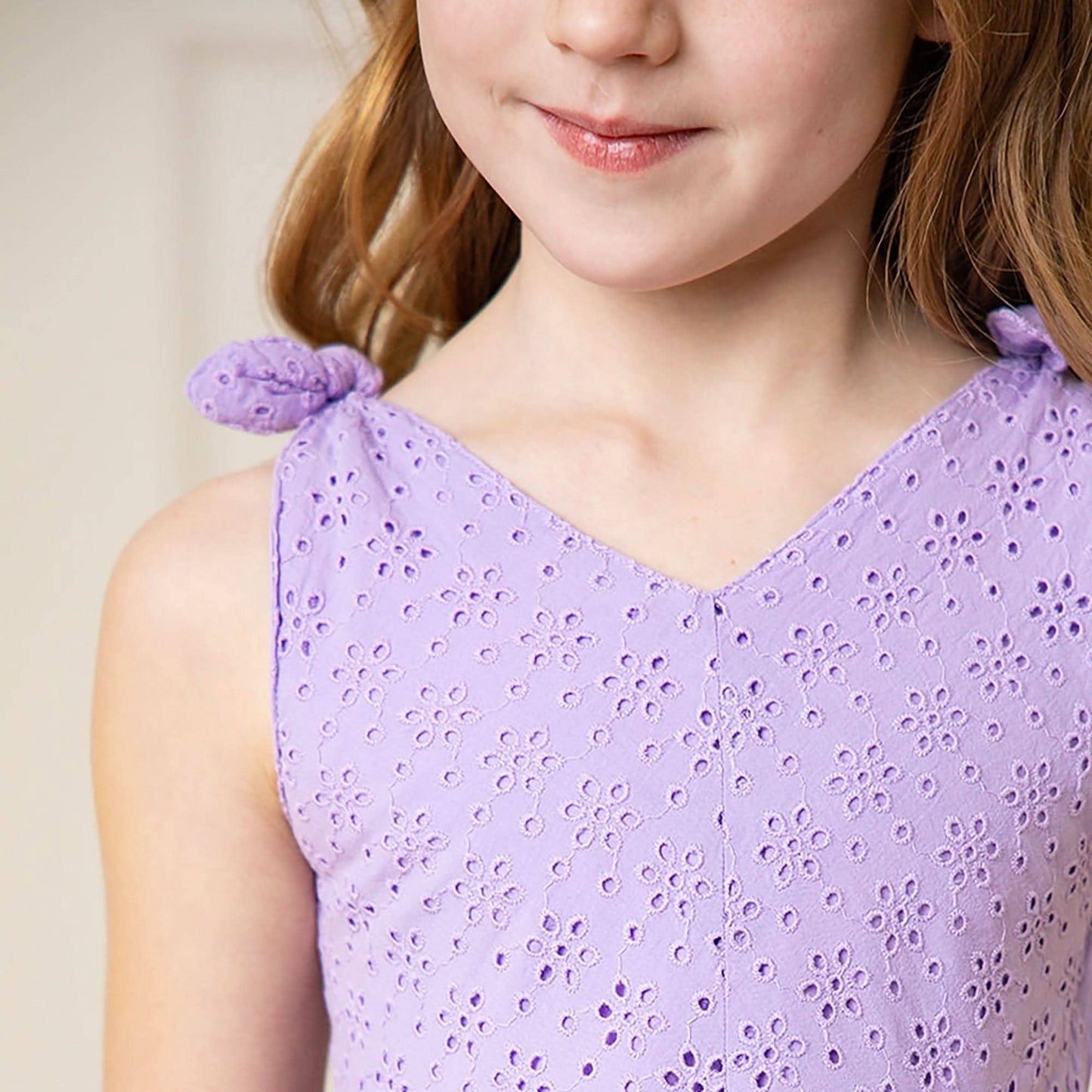 Hope and Henry - Bow Shoulder Organic Swing Dress: Lavender Eyelet / 6