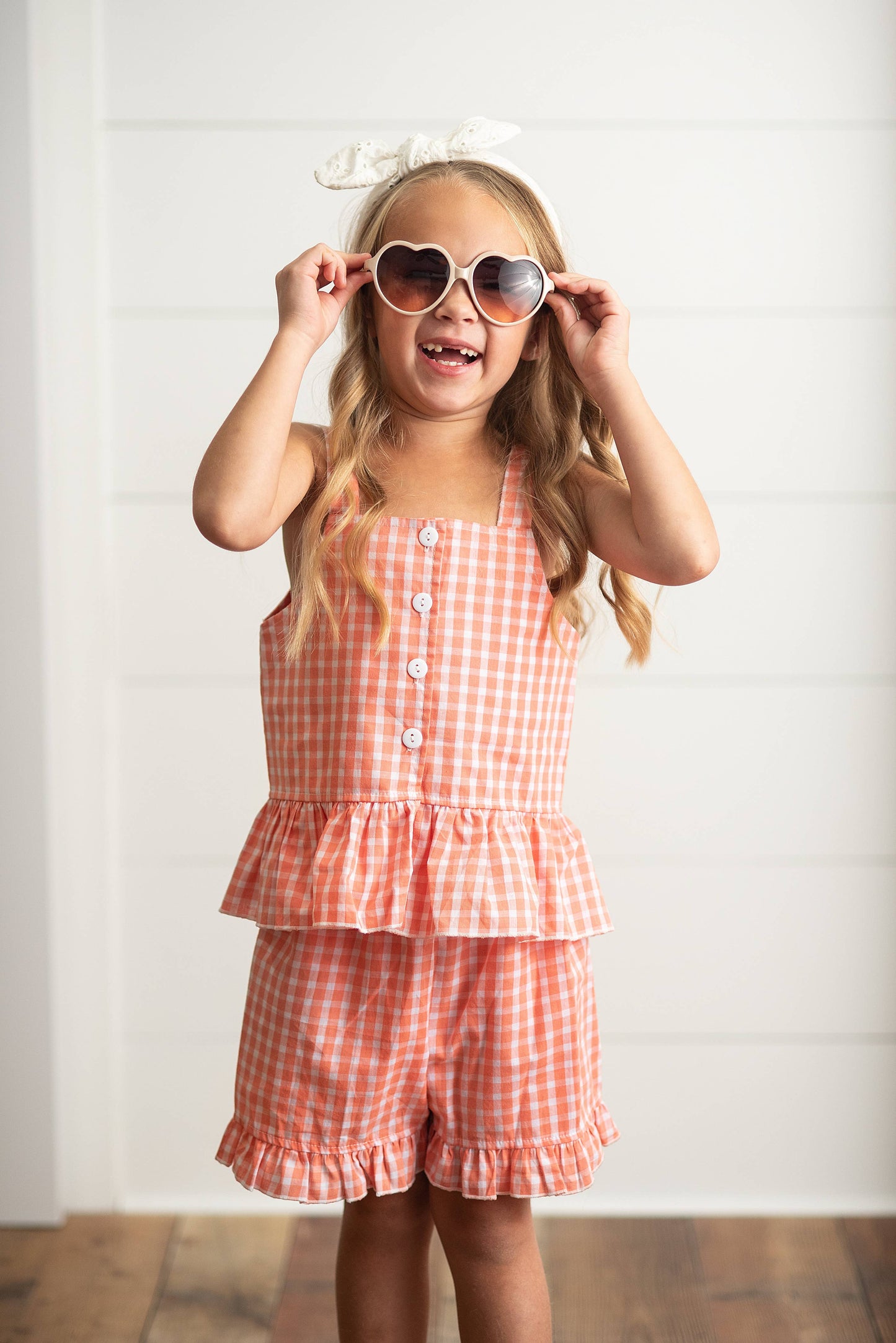 Wren & James - Kids Rust Check Gingham Ruffle Button Short Set
