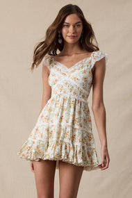 Sky to Moon - PALE PLAID FLORAL WING SLEEVE LACE MINI DRESS: ORANGE FIRE