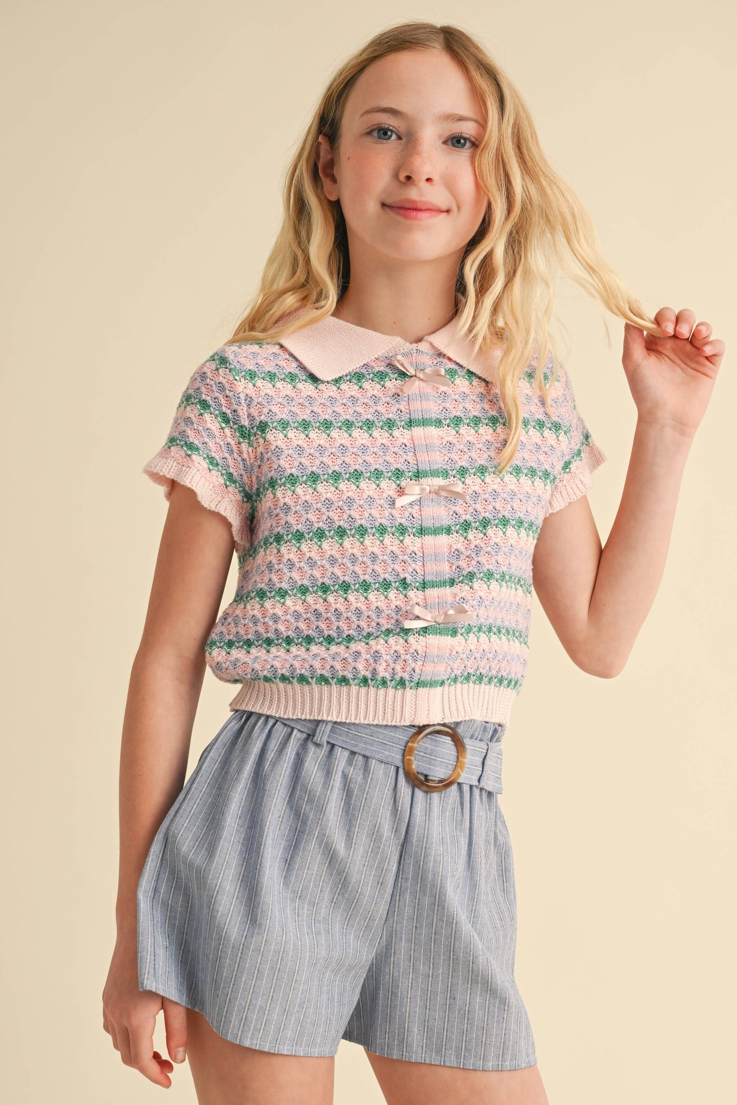 heart and arrow - TWEEN KIDS GIRLS COLLARED CROP KNIT TOP (7-14)