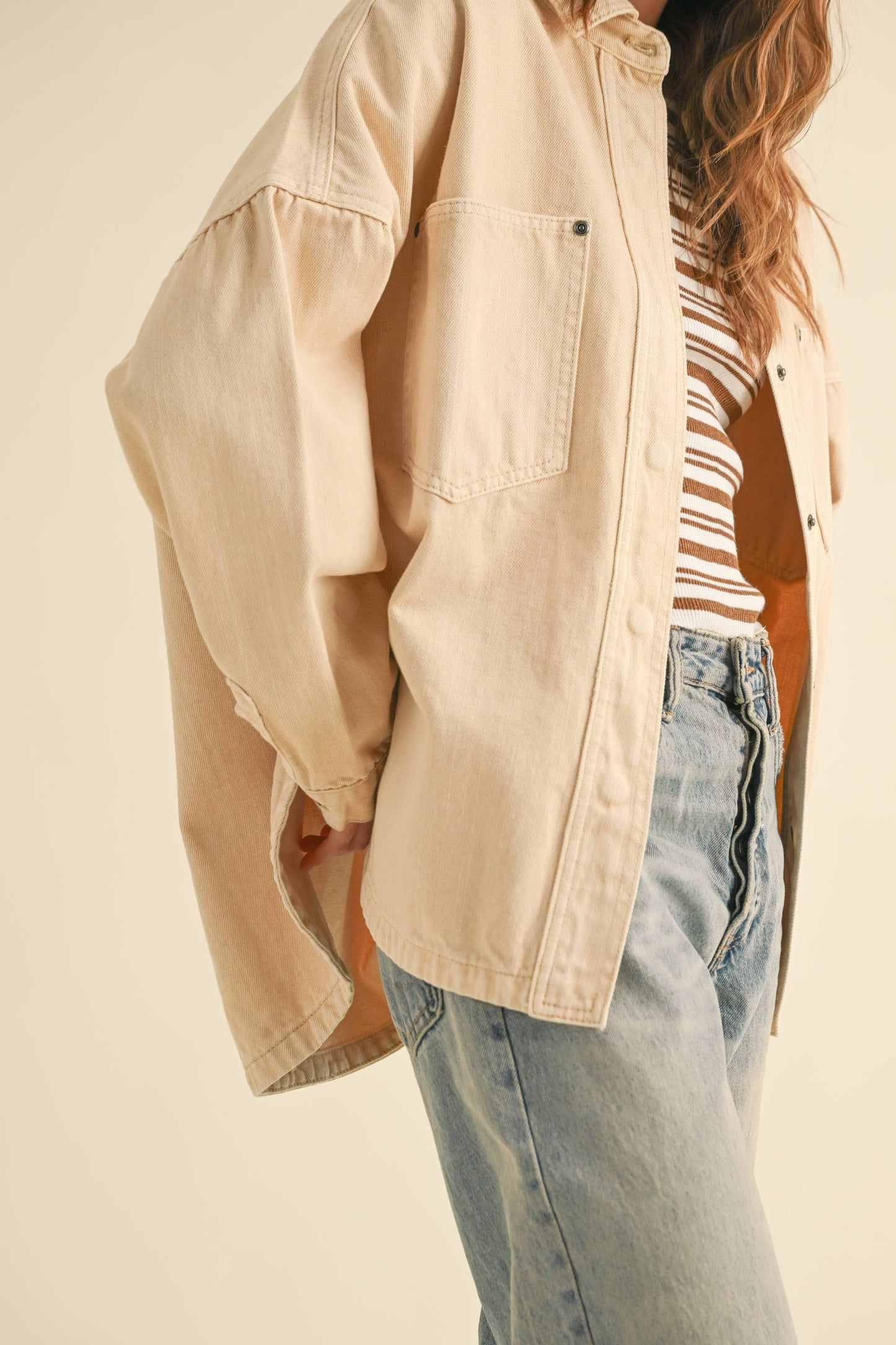 MIOU MUSE - J5364   WASHED SNAP BUTTON DENIM SHACKET: OLIVE