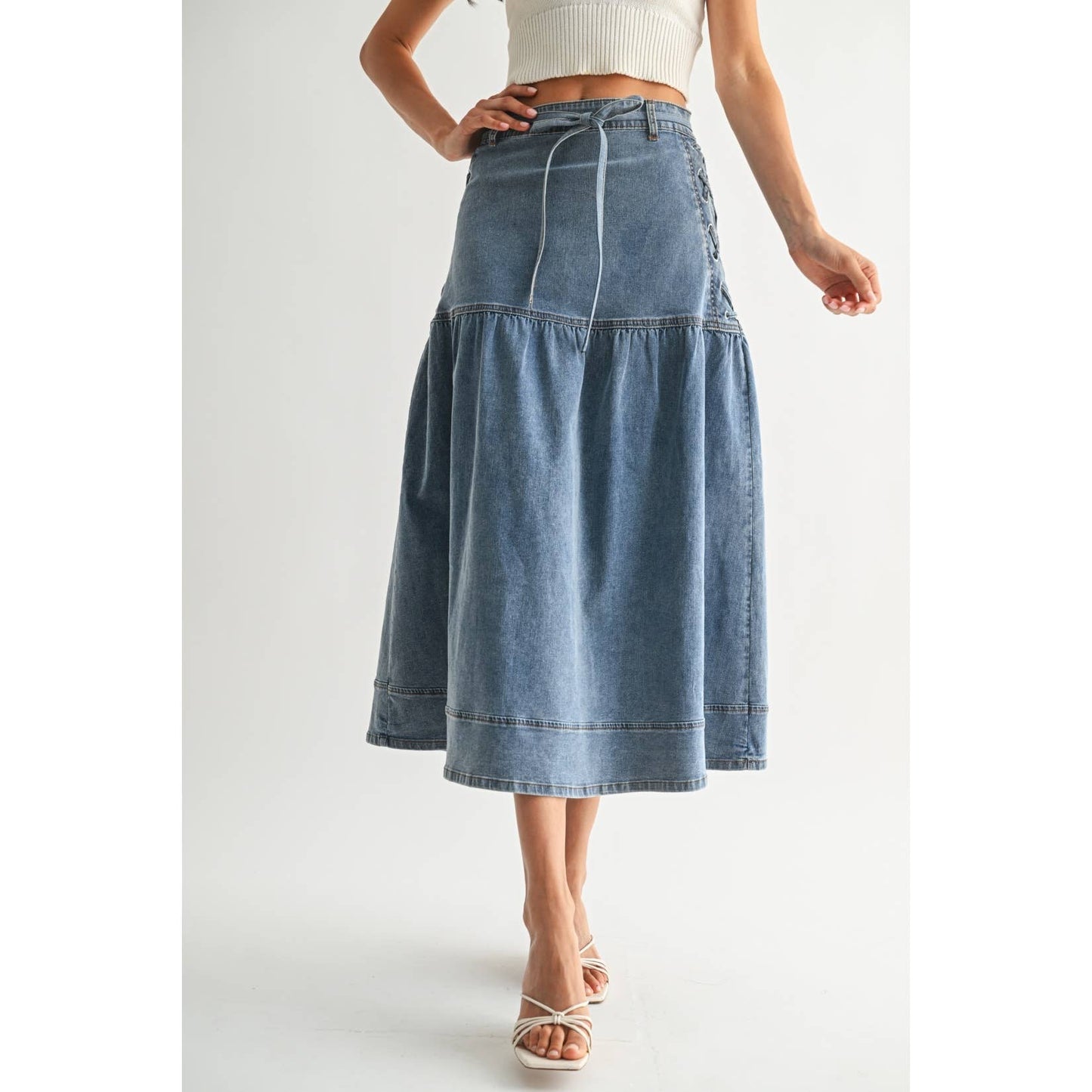Camellia - DENIM MIDI SKIRT WITH LACE-UP DETAIL: MEDIUM WASH / S-M-L(3-2-1)