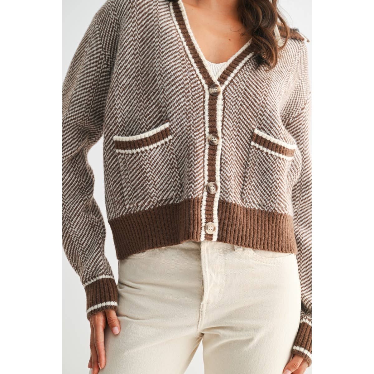 Camellia - HERRINGBONE KNIT CARDIGAN: BROWN / S-M-L(3-2-1)