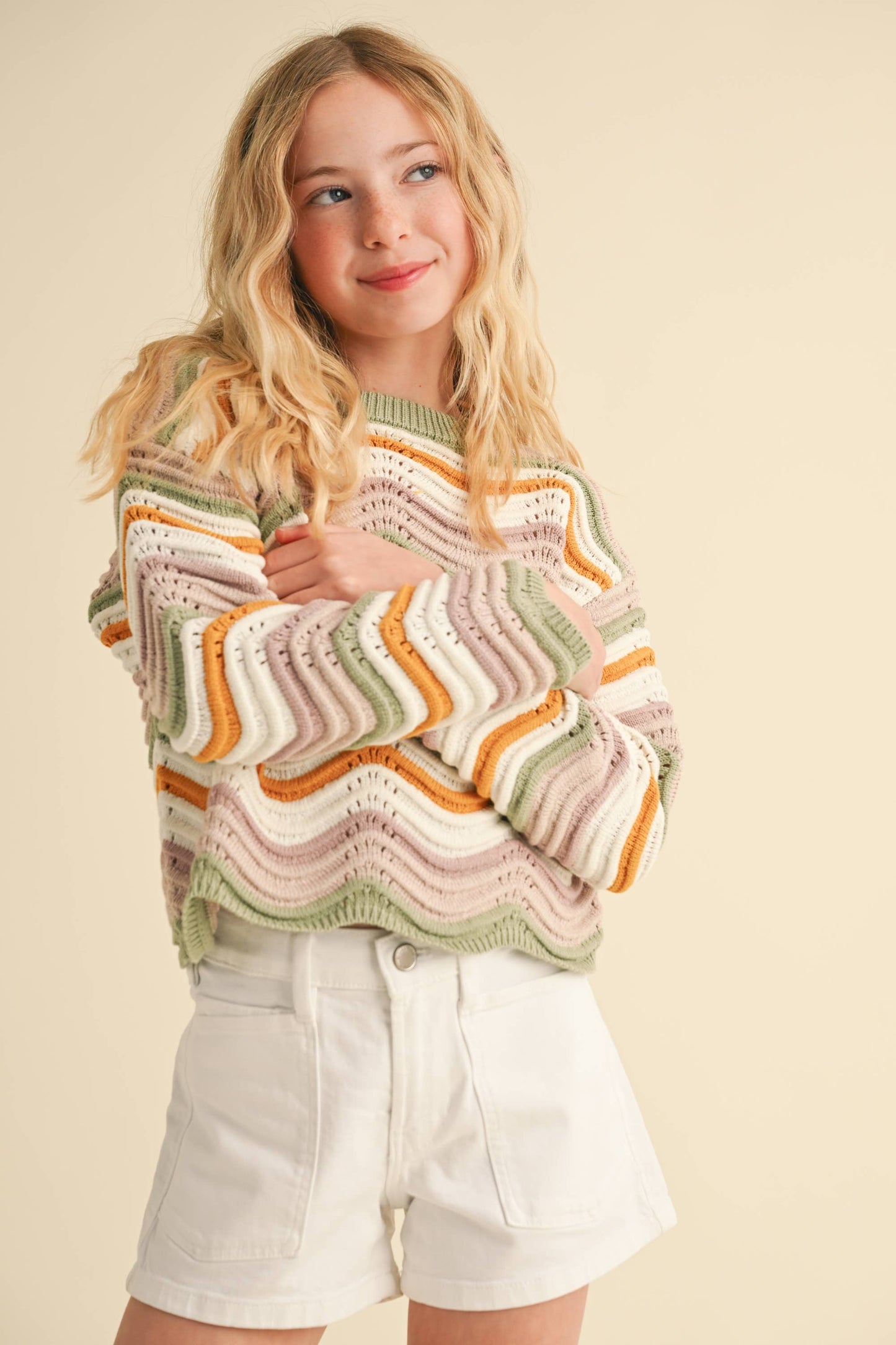 heart and arrow - TWEEN GIRLS KIDS CREW NECK WAVY RIB KNIT PULL OVER (7-14)