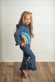 Oopsie Daisy - Kids Navy Blue Rainbow Hooded Ruffle Sweatsuit Lounge Set
