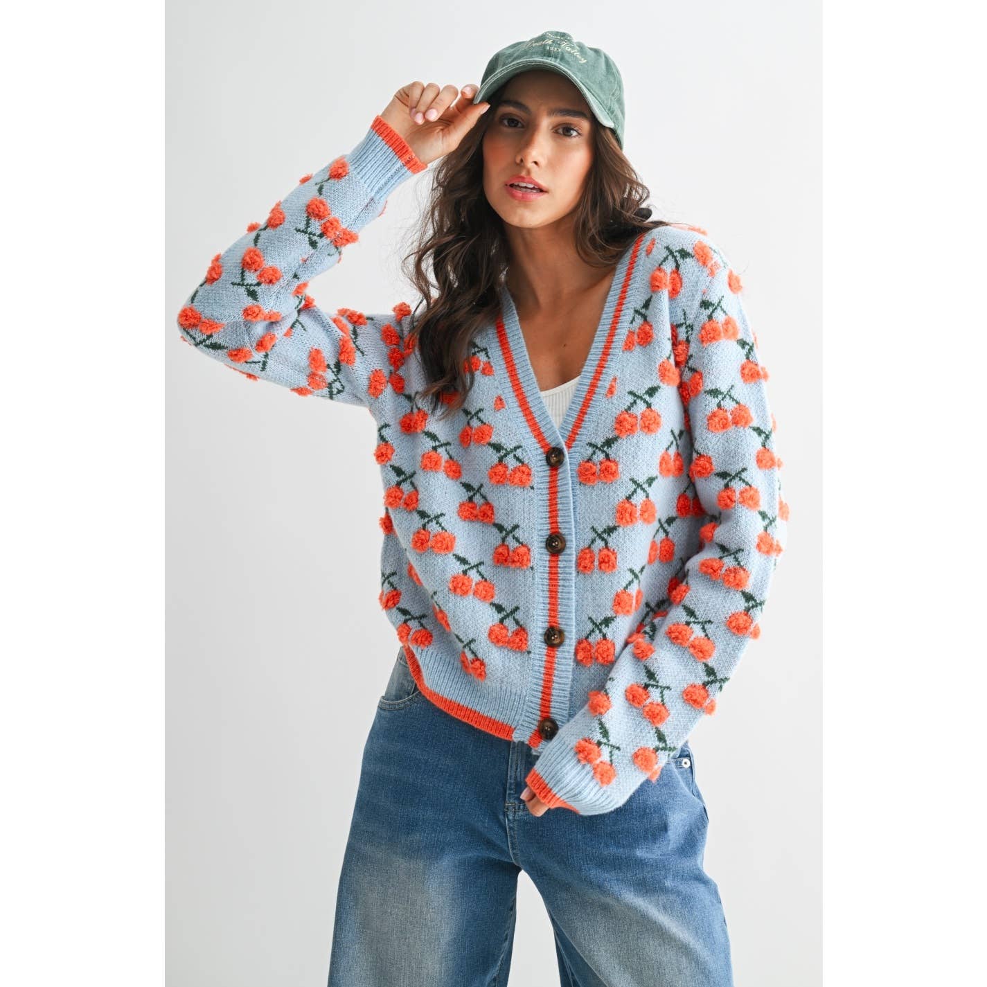 Camellia - CHERRY KNIT WOOL CARDIGAN : LT.BLUE/ORANGE MULTI / S-M-L(3-2-1)