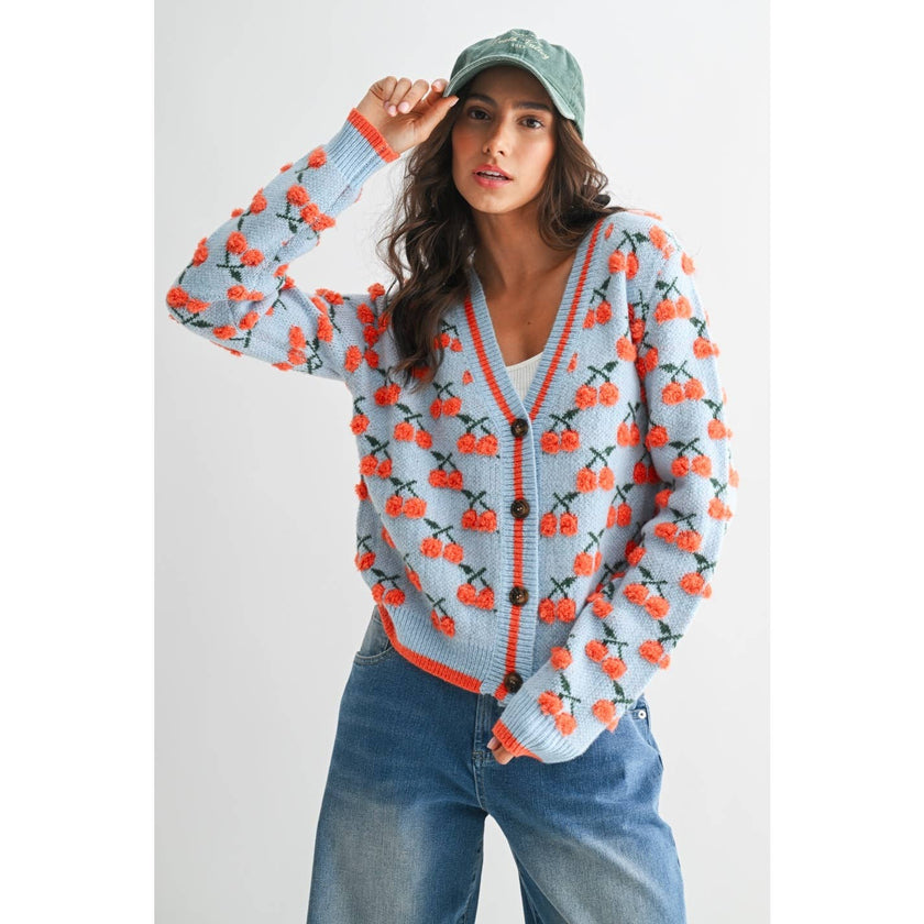 Camellia - CHERRY KNIT WOOL CARDIGAN : LT.BLUE/ORANGE MULTI / S-M-L(3-2-1)