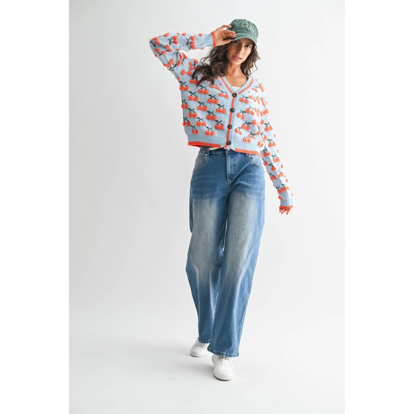 Camellia - CHERRY KNIT WOOL CARDIGAN : LT.BLUE/ORANGE MULTI / S-M-L(3-2-1)