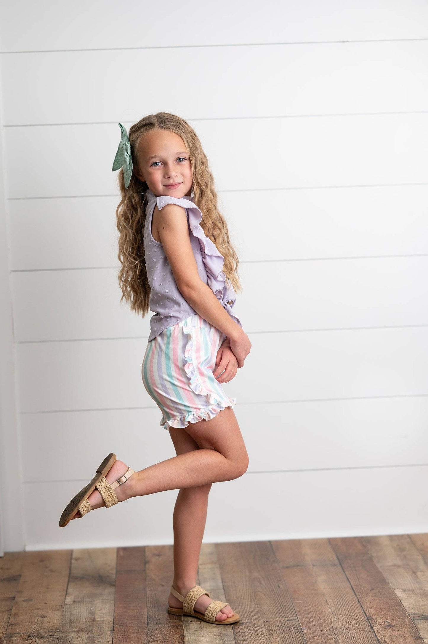 Wren & James - Kids Lavender Ruffle Top & Pastel Stripe Spring Short Set