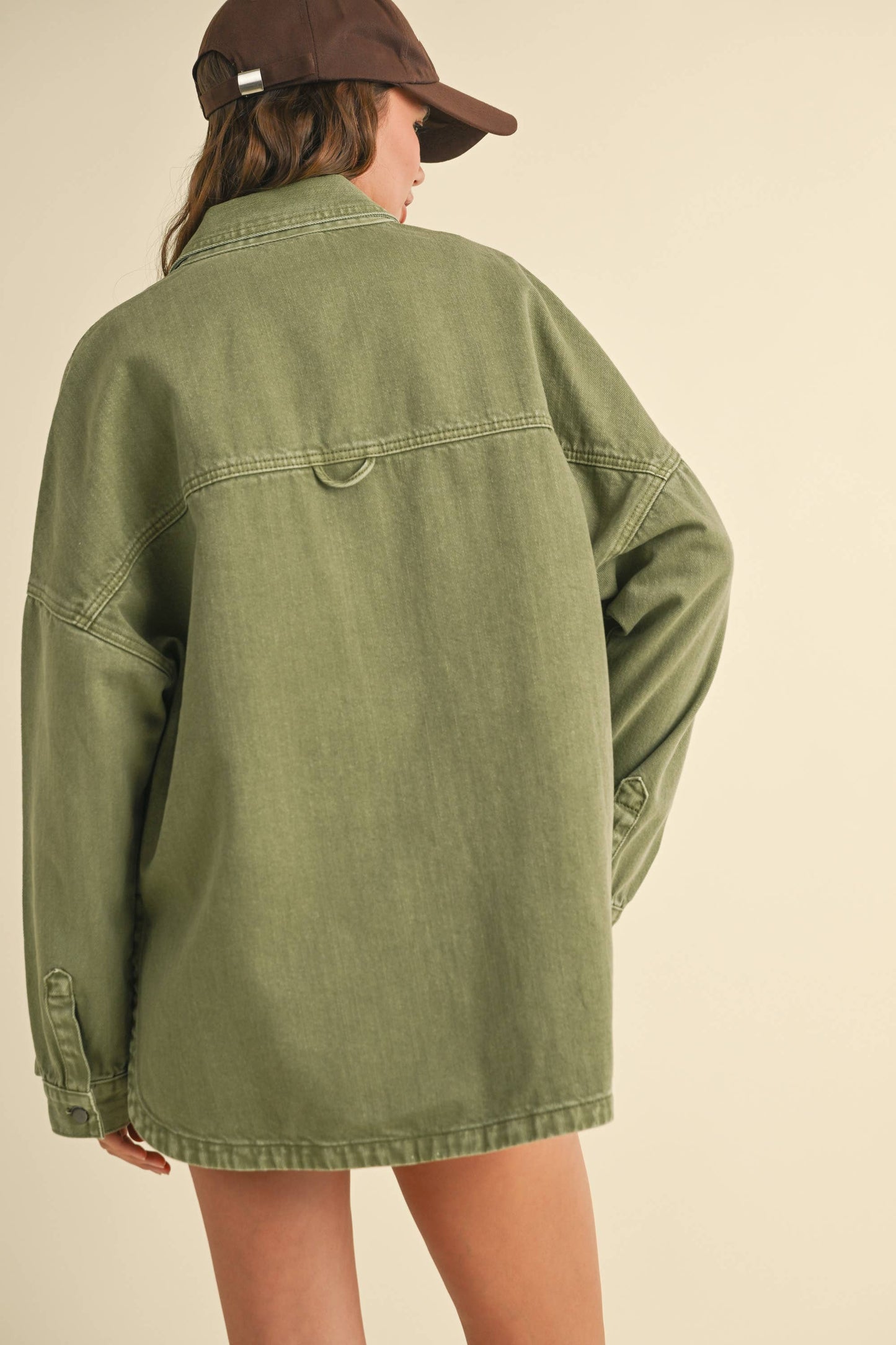 MIOU MUSE - J5364   WASHED SNAP BUTTON DENIM SHACKET: OLIVE
