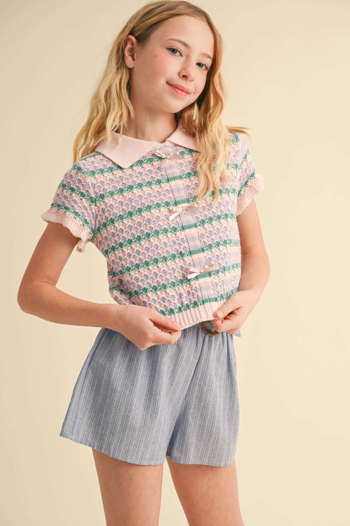 heart and arrow - TWEEN KIDS GIRLS COLLARED CROP KNIT TOP (7-14)
