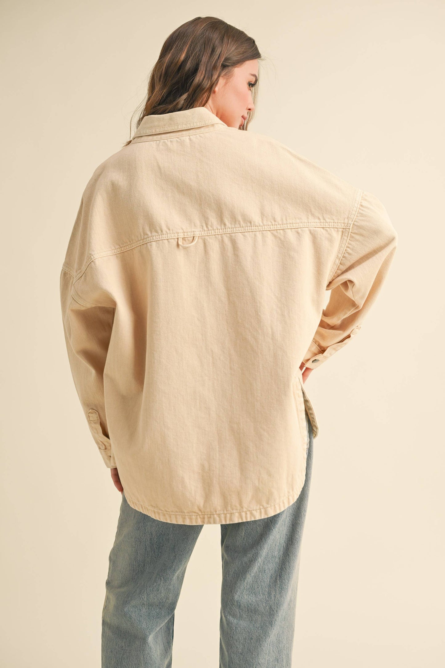 MIOU MUSE - J5364   WASHED SNAP BUTTON DENIM SHACKET: OLIVE
