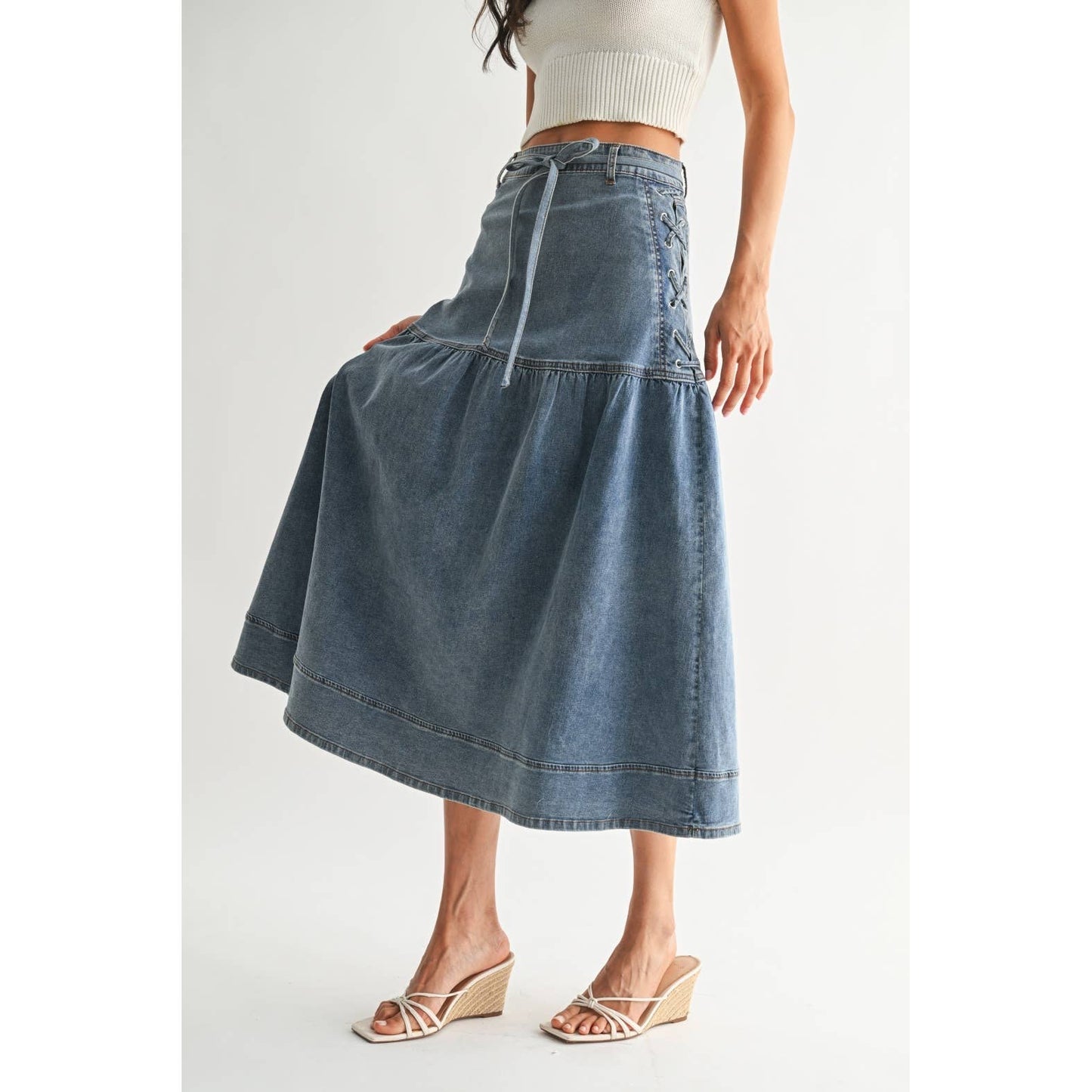 Camellia - DENIM MIDI SKIRT WITH LACE-UP DETAIL: MEDIUM WASH / S-M-L(3-2-1)