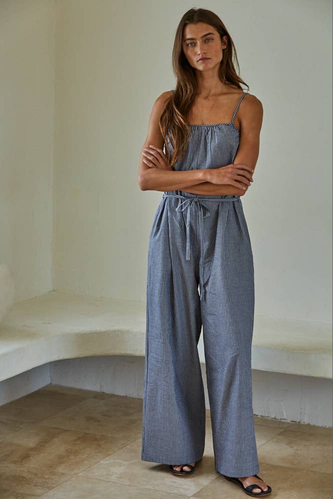 By Together - L8097 | Woven Cotton Striped Square Neck Wide Leg Jumpsuit : Dark Denim