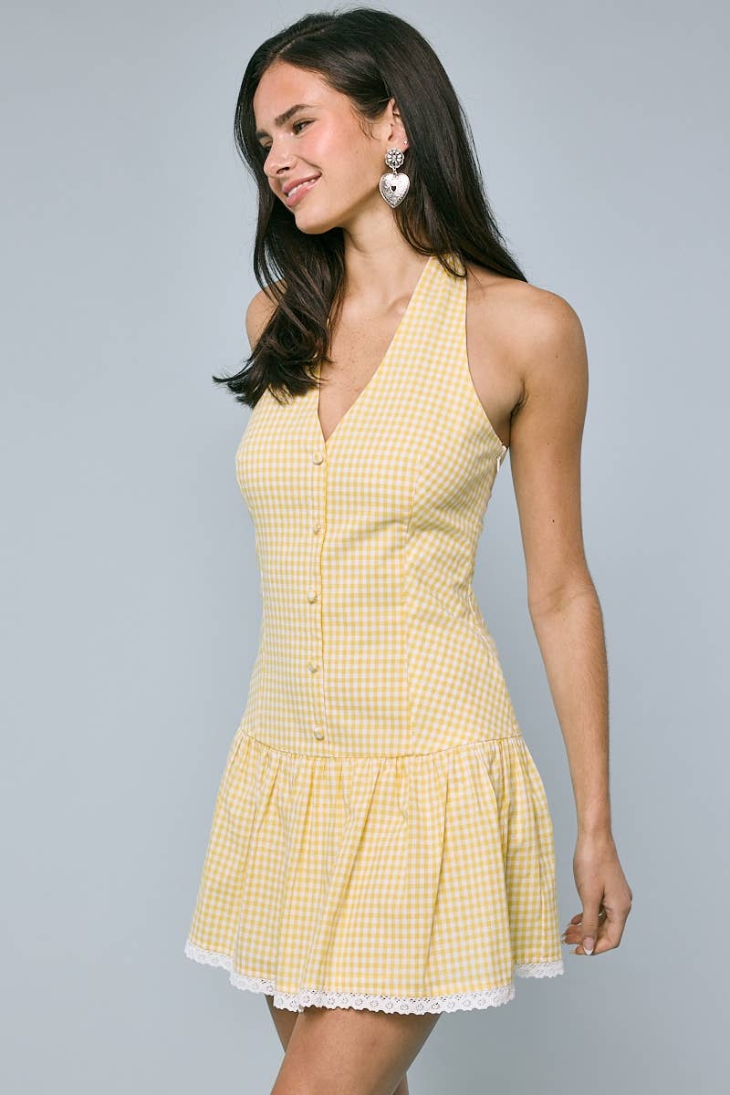 Sky to Moon - CHECKER PRINT HALTER TIE NECK FIT&FLARE MINI DRESS: YELLOW CHECKER