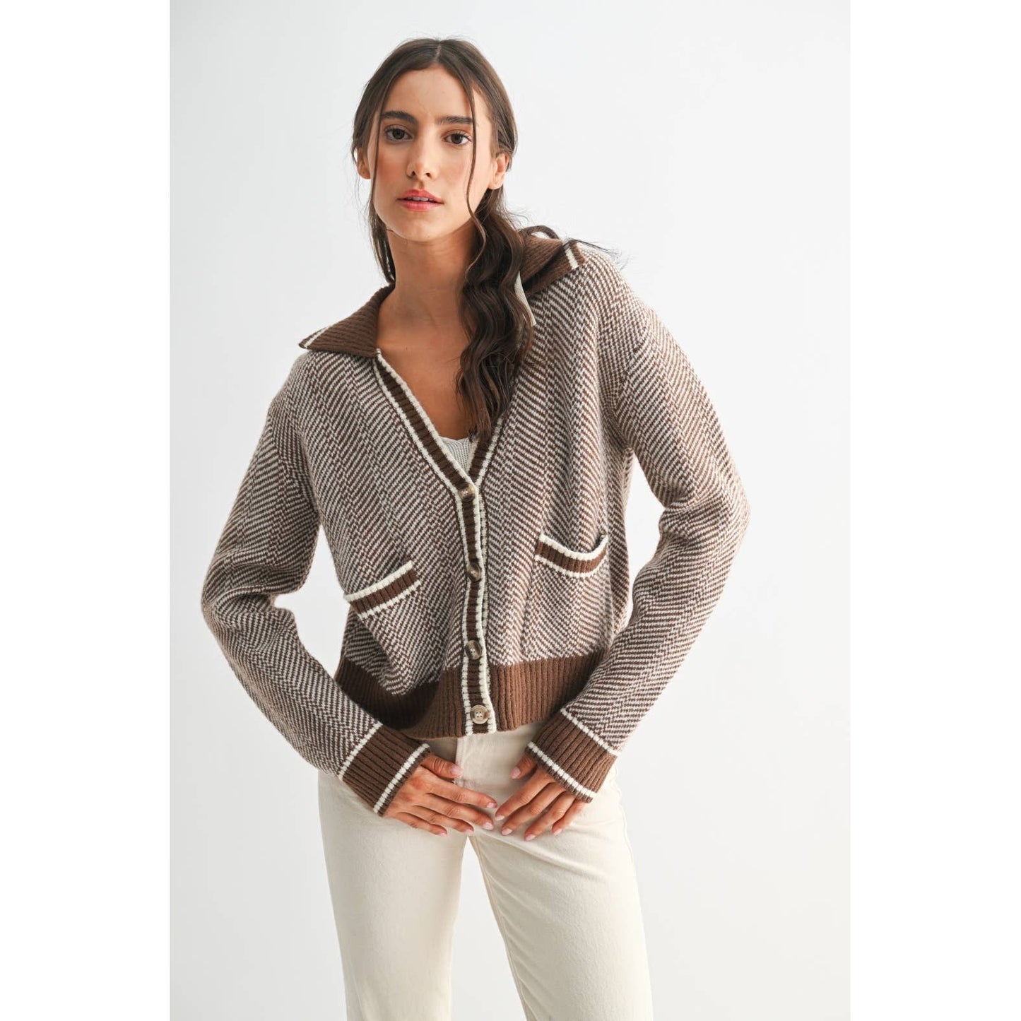 Camellia - HERRINGBONE KNIT CARDIGAN: BROWN / S-M-L(3-2-1)