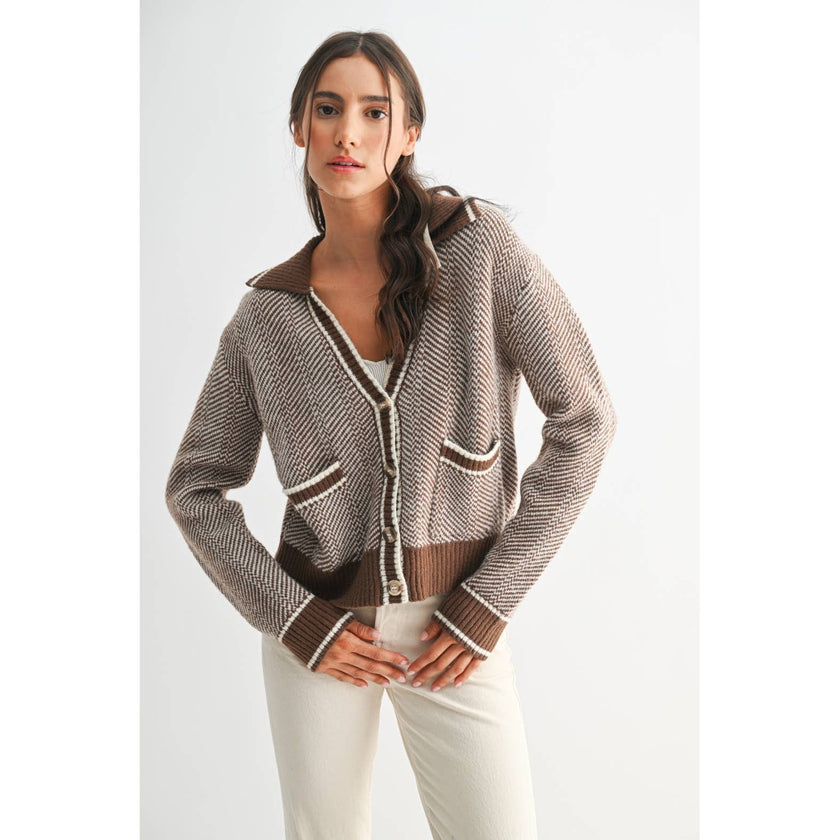 Camellia - HERRINGBONE KNIT CARDIGAN: BROWN / S-M-L(3-2-1)