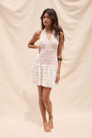 Sky to Moon - SCALLOP TRIMMED HALTER NECK SMOCKED MINI DRESS: CORAL BABY