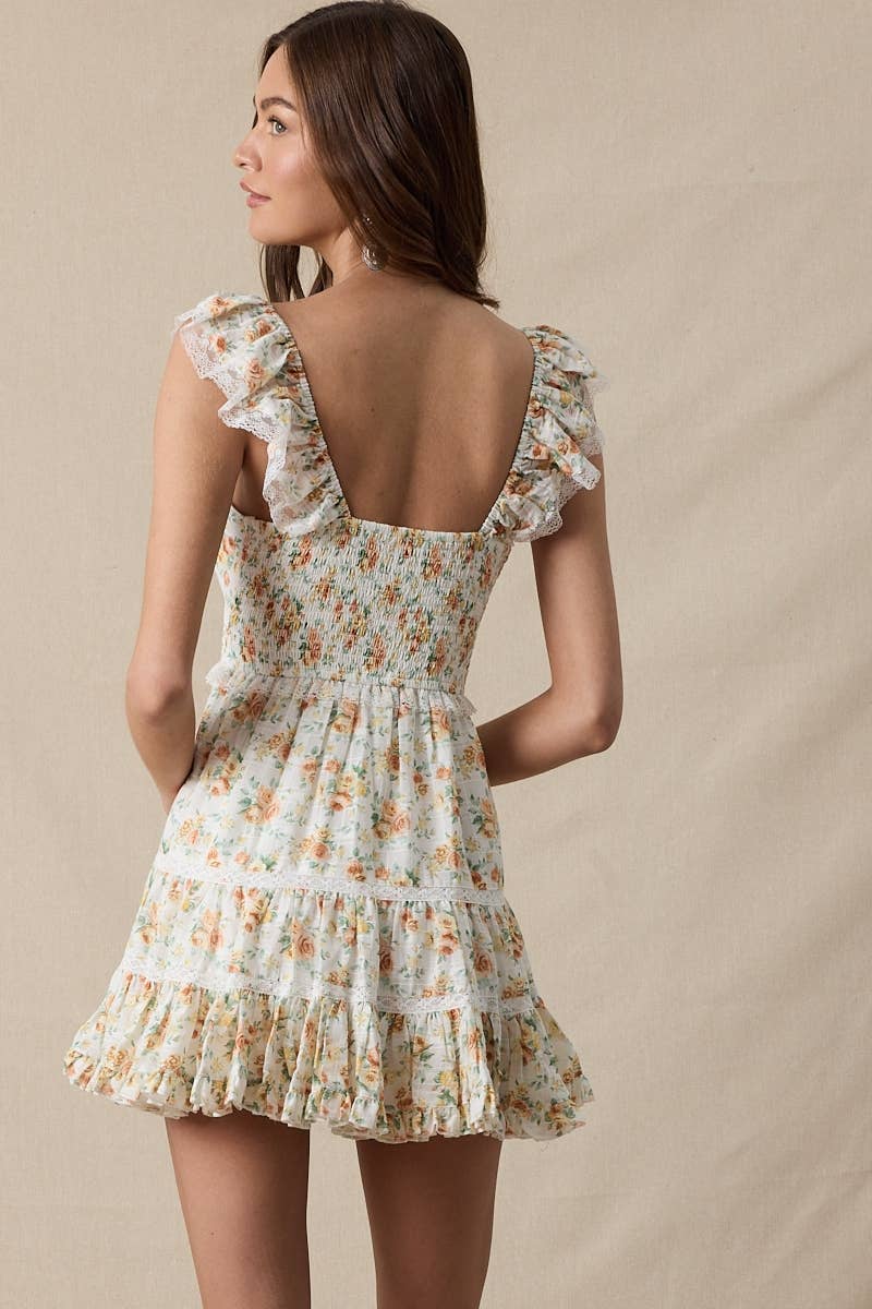 Sky to Moon - PALE PLAID FLORAL WING SLEEVE LACE MINI DRESS: ORANGE FIRE